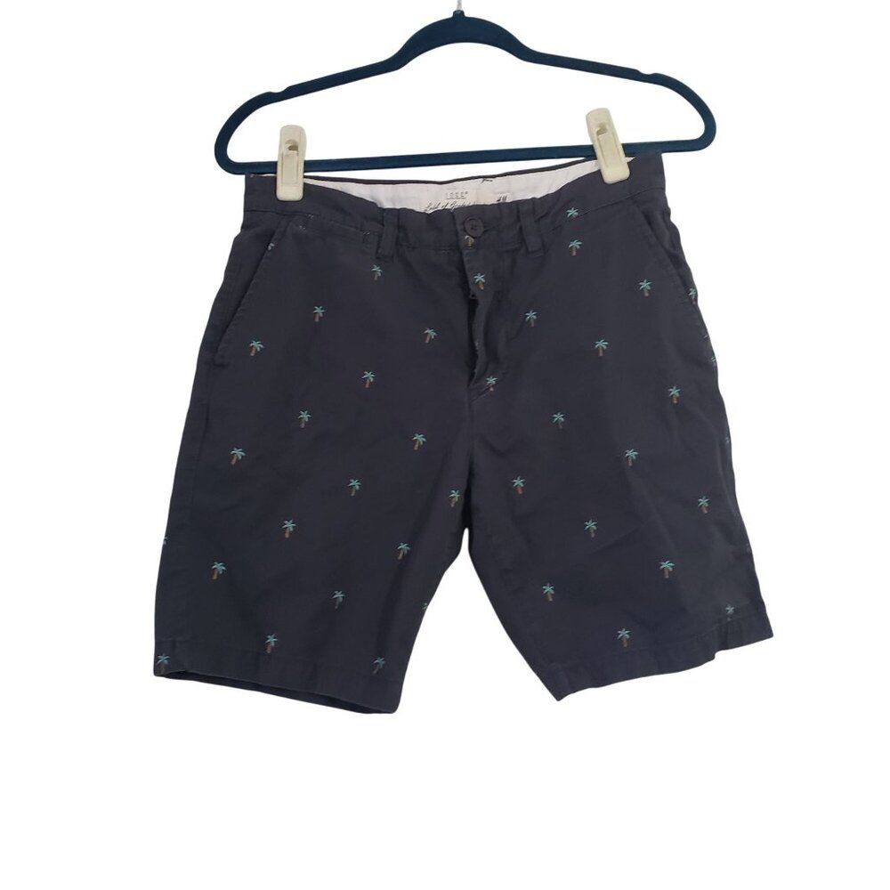 H&M L.O.G.G. Navy Blue Palm Tree Chino Shorts Mens 29 Cotton Summer‎ Preppy Fun